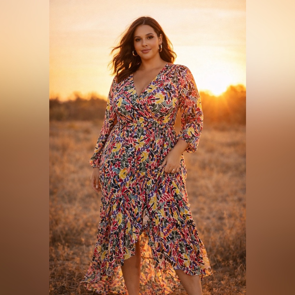 💗 Eloquii Red Multicolor Midi Dress 20 2X Boho Festival Party Date Night Summer